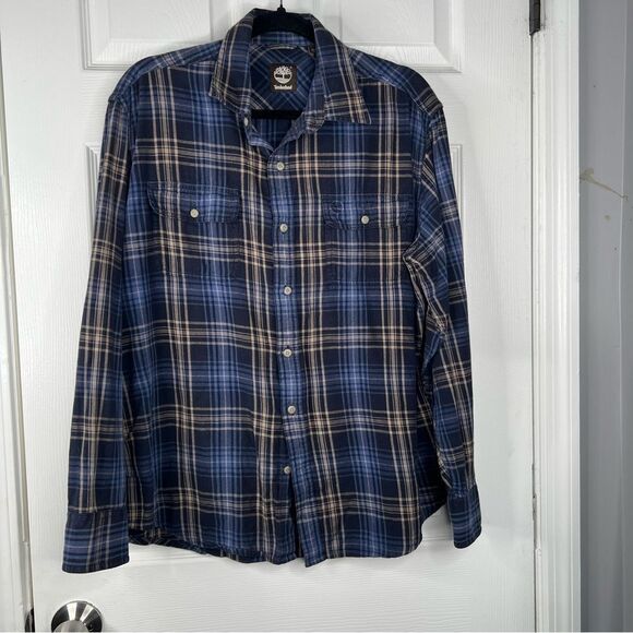 Sz L Timberland Blue & Tan Plaid Button Up Flannel $50 MSRP - Picture 3 of 9
